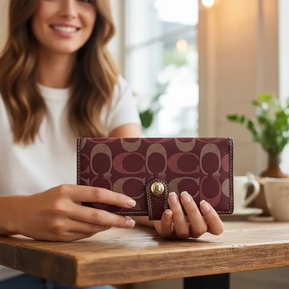 Coach Signature Jacquard Checkbook Wallet Burgundy Pink - EUC